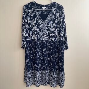 J.Jill Medium Navy Blue White Tiered Floral Midi Shift Dress 3/4 Sleeve Pockets